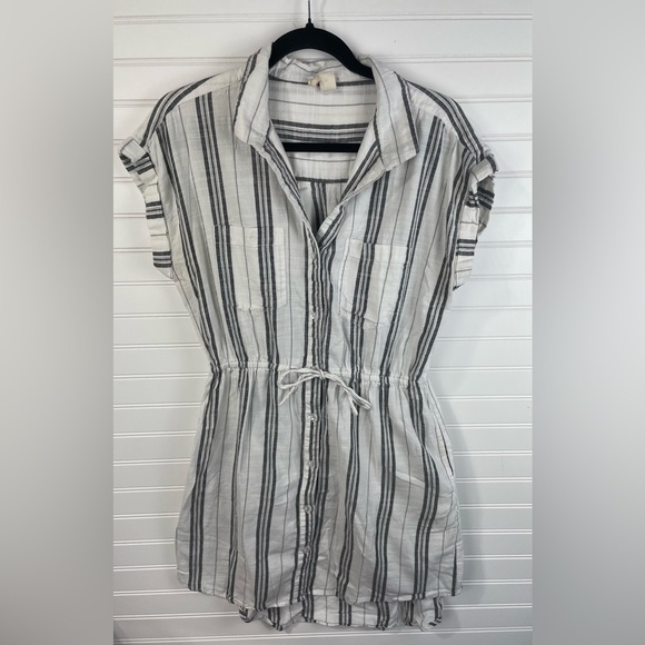Japna Tops - Japna White Button Up Striped Tie Waist Shirt Dress with Pockets L Women’s EUC
